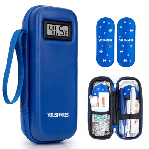 YOUSHARES Insulin Cooler Travel Case with Temperature Display - Refrigerated Medicine Cooling Bag with 2 TSA Approved Ice Pack, Medication Pen Diabetic Supplies Organizer for Trip and Daily - color: 02 Blue
