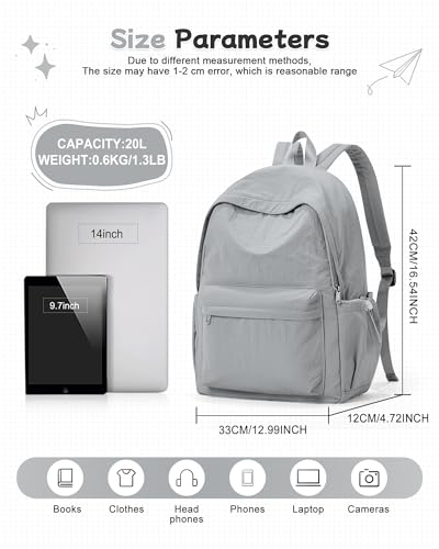 BJLFS Small Backpack for School Girls Kids Women, Grey Waterproof Bookbag Cute High School Back Pack for Men Teen Boys, Lightweight Travel College Backpack Mochilas Escolares para Daypack Rucksack - color: Light Grey