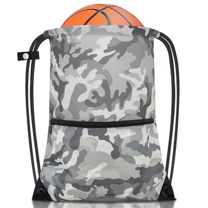 draw string back bag, Large Gym Sports string backpack for men and women with front zipper pocket and inside zipper pocket to keep key or phone (Grey camo) - color: Grey Camo, style: Drawstring With Front Pocket