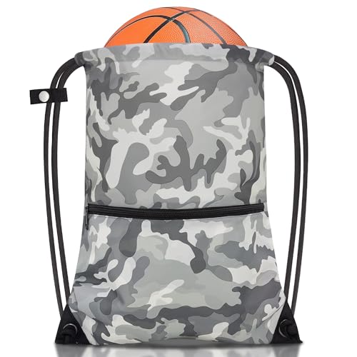 draw string back bag, Large Gym Sports string backpack for men and women with front zipper pocket and inside zipper pocket to keep key or phone (Grey camo) - color: Grey Camo, style: Drawstring With Front Pocket