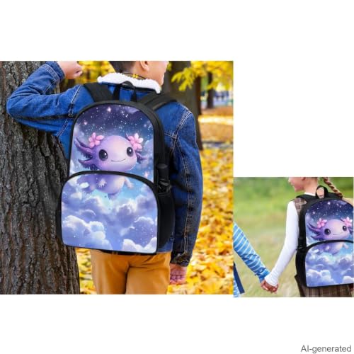 Galaxy Axolotl Backpack for Girls Kids Backpack with Lunch Box Water Bottle Holder and Big Pencil Case 4Pcs Set 17" Bookbag with Large Front Pocket for School Lightweight Elementary School Bag - color: Galaxy Axolotl