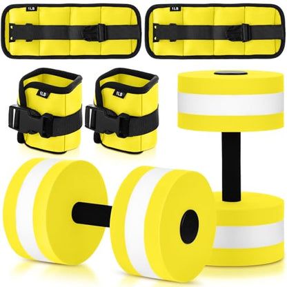 Hollowfly Water Aerobics Set, 4 Piece Pool Exercise Kit (2 Aquatic Dumbbells + 2 Ankle/wrist Weights), EVA Foam, Low-impact Workout - color: Neon Yellow, size: 1lb