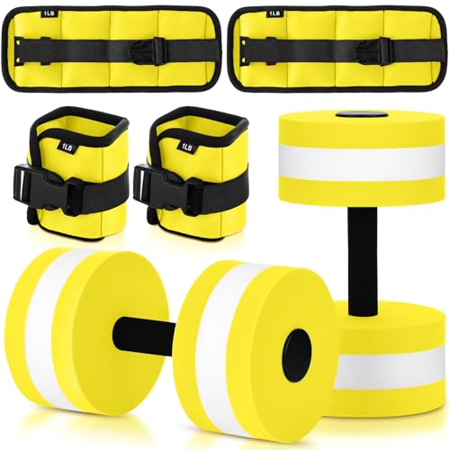 Hollowfly Water Aerobics Set, 4 Piece Pool Exercise Kit (2 Aquatic Dumbbells + 2 Ankle/wrist Weights), EVA Foam, Low-impact Workout - color: Neon Yellow, size: 1lb