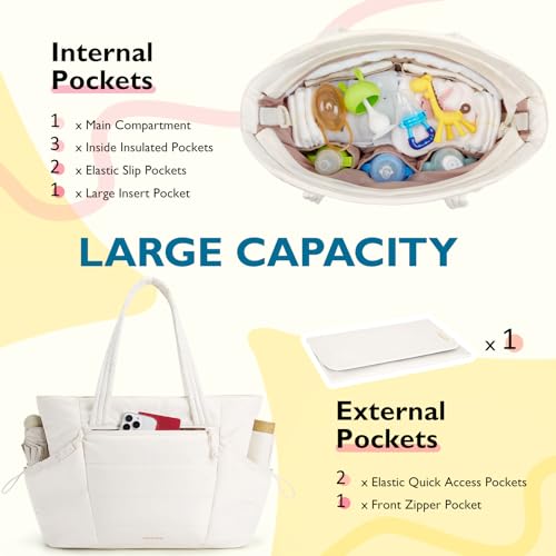 mommore Diaper Bag Tote with Stroller Organizer Puffer Bag Large Capacity Baby Bag with Changing Pad for Travel, Hospital - color: Beige