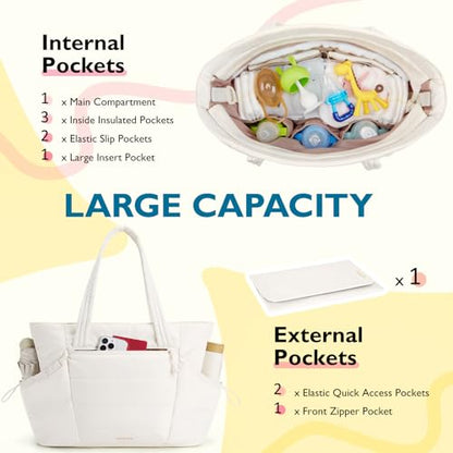 mommore Diaper Bag Tote with Stroller Organizer Puffer Bag Large Capacity Baby Bag with Changing Pad for Travel, Hospital - color: Beige