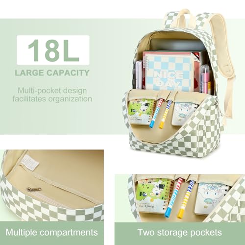 LEDAOU Backpack for Girls School Bag Kids Bookbag Teen Backpack Set Daypack with Lunch Bag and Pencil Case | Kids - color: K- Green Checkered