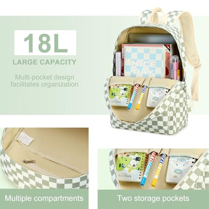 LEDAOU Backpack for Girls School Bag Kids Bookbag Teen Backpack Set Daypack with Lunch Bag and Pencil Case | Kids - color: K- Green Checkered