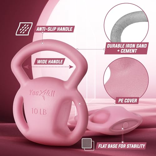 Yes4All Kettlebell, Strength Training Kettlebells for Women, Wide Multi-grip Textured Handle for Home Gym Exercises & Full Body Workout, Single 5–25 lb & Set of 10-15 lb - color: B. 10LB - Pink, style: A. Single