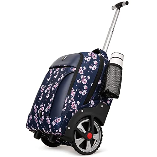 Rolling Backpack,Waterproof Backpack with Wheels for Business and Travel Commuter, Carry on Backpack with Laptop Compartment, Fit 17 Inch Laptop, Wheeled Backpack for Adults - color: Blue Flower, size: 20IN
