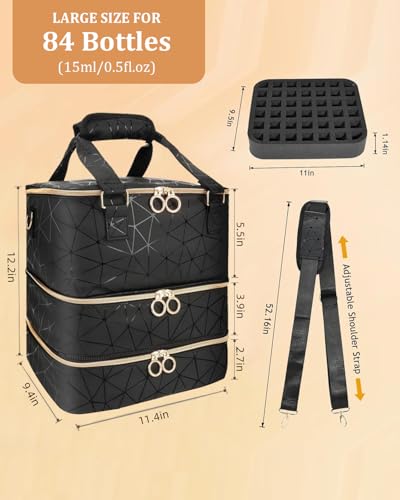Nail Polish Organizer Bag, 3 Layers Detachable Nail Kit Storage Case PU Leather, Storage Case Holds 84 Bottles(15ml/0.5fl.oz)& Nail Lamp, Large Travel Nail Supplies Shoulder Bag for Manicure Tools