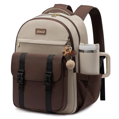LOVEVOOK School Backpack for Teen Girls, Cute Student Backpack Purse Kid Bookbag for 8-17 Teenage, Back to School Backpacks Fit 15.6 Inch Laptop, College Travel Bag with Large Water Bottle Holder - color: Light Apricot-coffee-black, size: 15.6 Inch