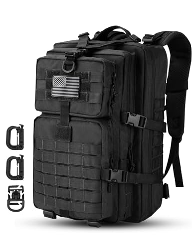 Hannibal Tactical MOLLE Assault Backpack, Tactical Backpack Military Army Camping Rucksack, 3-Day Pack, D-Rings, Black with Gray Patch - color: Black With Grey