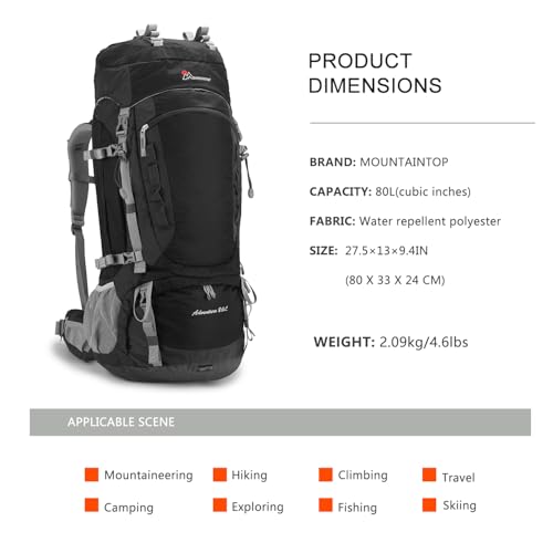 MOUNTAINTOP 80L Internal Frame Backpack for Man & Women Backpacking Hiking Backpack with Rain Cover - color: Black-80l