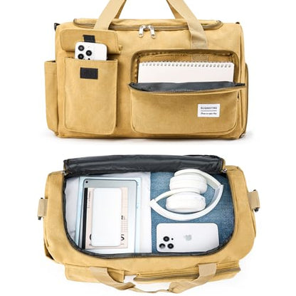 Small Gym Bag for Women, Travel Duffle Bag Carry On Weekender Bag with Shoe Compartment - color: Canvas-Brown, style: Gym Bag&toiletry Bag