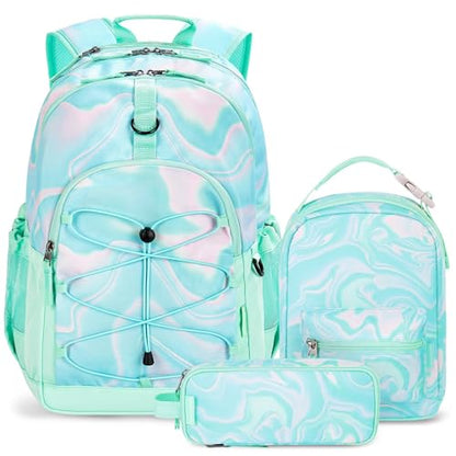 Choco Mocha Girls School Backpack with Lunch Box, Teal Fluid Backpack Set for Teen Girls 18 Inch Backpacks, 3 Pcs - color: Teal-green