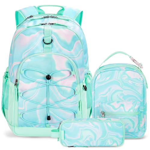 Choco Mocha Girls School Backpack with Lunch Box, Teal Fluid Backpack Set for Teen Girls 18 Inch Backpacks, 3 Pcs - color: Teal-green