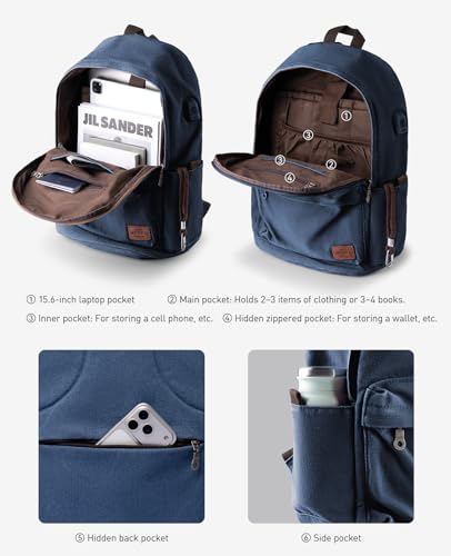 Muzee Canvas Backpack for Women and Men, Lightweight Classic Laptop Backpack with USB Charging Port for College, Travel and Daily Use(Denim blue) - color: Denim Blue