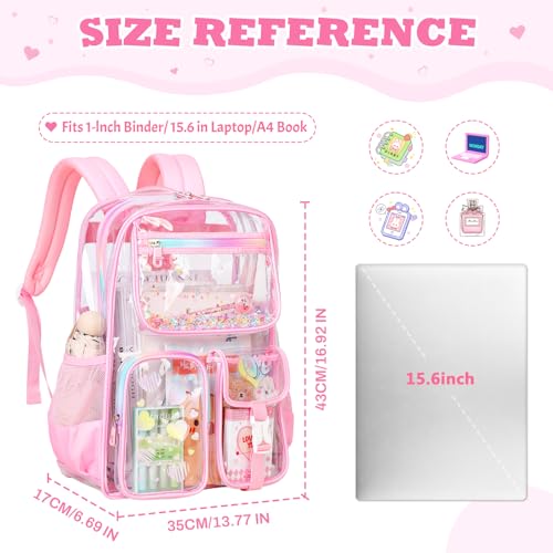 PIG PIG GIRL Clear Backpack for School,Heavy Duty PVC Transparent Bookbag for Girls Stadium Approved See Through Backpack - color: Pink Heart