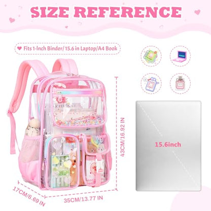 PIG PIG GIRL Clear Backpack for School,Heavy Duty PVC Transparent Bookbag for Girls Stadium Approved See Through Backpack - color: Pink Heart