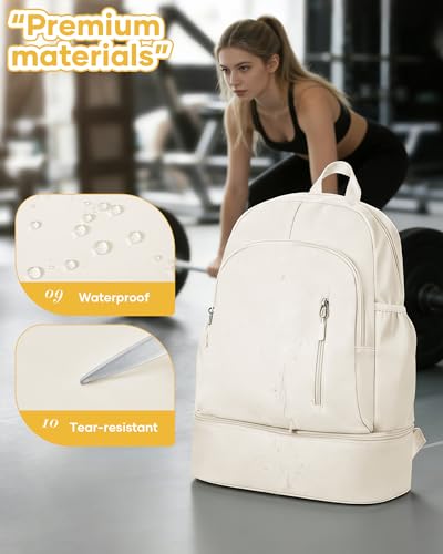 Gym Backpack for Women Men,Waterproof Gym Backpack with Shoe Compartment,Lightweight Sports Gym Bag Casual Daypack,Beige - color: B-beige