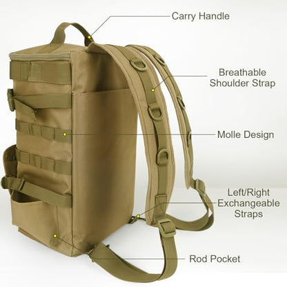 Fishing Tackle Backpack with Rod Holders – Large-Capacity Gear Organizer Tackle Box Storage, Rod Carrier Bag for Outdoor Angling Equipment