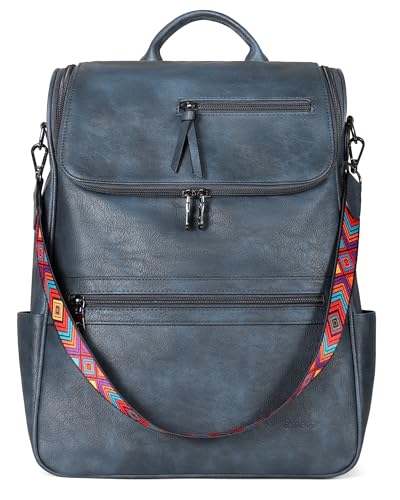 FADEON Laptop Backpack for Women Leather Travel Backpack with Laptop Compartment, Designer PU Shoulder Laptop Bag Blue - color: Dark Blue Retro Style