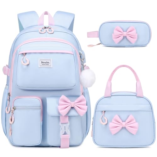 Bevalsa Backpack for Girls, Cute Bow School Bags for Kids with Lunch Bag & Pen Case, Bookbag for Girls Children Teens Elementary Middle Student, Back to School Gift with USB Charging Port - color: Blue Pink