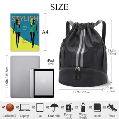 Drawstring Backpack with Shoe Compartment,Water Resistant Sports Gym Bag,String Bag for Men Women,Soccer,Basketball - color: Black
