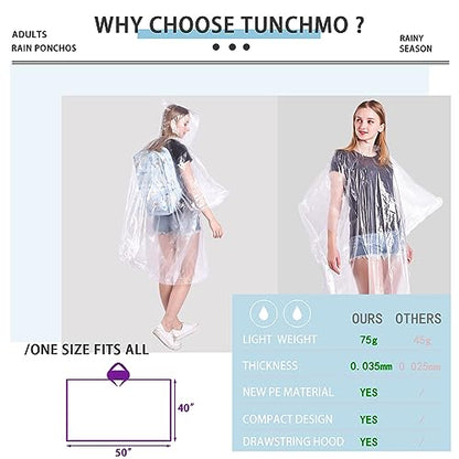 TUNCHMO Disposable Rain Ponchos 6 Pack for Adults/Kids/Family Set-50% Thicker Emergency Ponchos - color: Adults Clear 6 Pack
