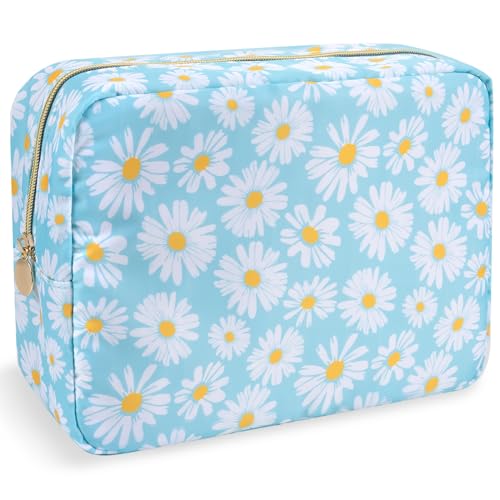Nylon Large Floral Makeup Organizer Bag, Preppy Big Cute Flower Cosmetic Zipper Pouch Multi-compartment with Dividers, Waterproof Toiletry Make Up Brushes Bag Travel Essentials for Women(Blue-Daisy) - color: Blue-Daisy, size: Large