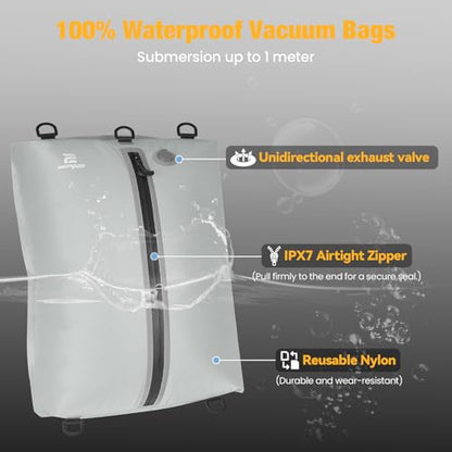 3 Pack Vacuum Bags for Travel with Pump, 3-Size Set Reusable Vacuum Compression Bags for Luggage, Space Saver IP67 Waterproof Vacuum Packing Cubes for Suitcase&Backpack, Grey white