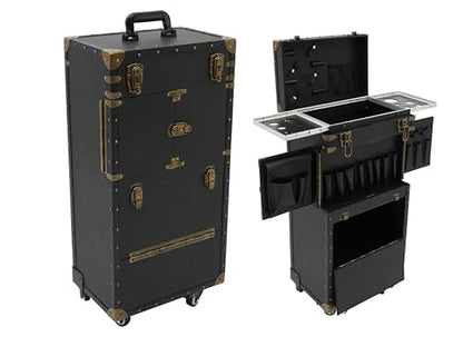 Cosmetic Train Case,Rolling Makeup Train Case,Travel Stylist Case Lockable Hairdressing Trolley,Professional Makeup Case for Make-up Artists - color: Black+Gold