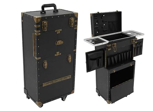 Cosmetic Train Case,Rolling Makeup Train Case,Travel Stylist Case Lockable Hairdressing Trolley,Professional Makeup Case for Make-up Artists - color: Black+Gold