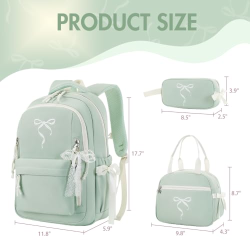 Kids Backpack for Girls - 3PCS Cute Embroidered Bow Girls Backpack with Insulated Lunch Bag & Pencil Case - Bookbag for Teen Women Middle High School College Work Travel Daypack - color: Sage