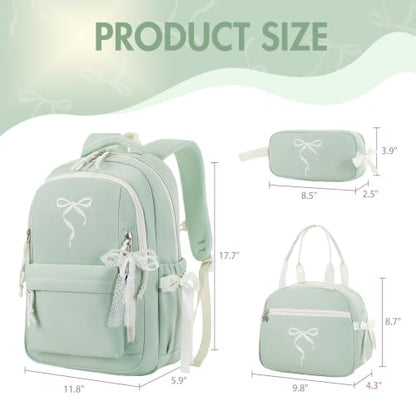 Kids Backpack for Girls - 3PCS Cute Embroidered Bow Girls Backpack with Insulated Lunch Bag & Pencil Case - Bookbag for Teen Women Middle High School College Work Travel Daypack - color: Sage