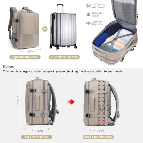 MOLNIA 50L Expandable Travel Backpack for Women Men, Carry On Travel Essentials, Flight Approved Fits 21 Inch Laptop Backpack, Waterproof Business Suitcase Weekender Backpack, Beige - color: Beige With Packing Cubes, size: X-Large