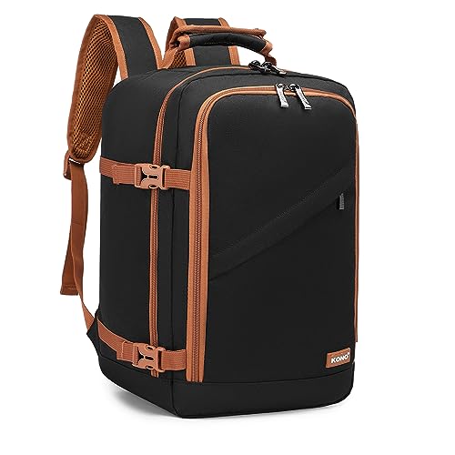 Kono Carry on Backpack, 16" Airplane Approved Under Seat Travel Backpack for Men and Women, Waterproof Lightweight Daypack for Flight 20L, Black/Brown - color: Black/Brown, size: 16-inch 20L