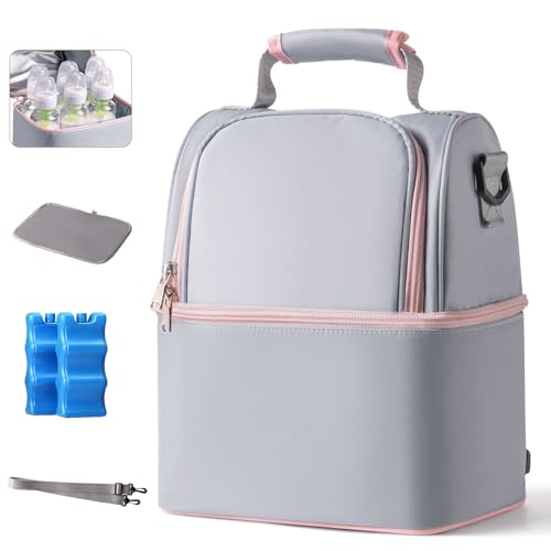 NCVI Breastmilk Cooler Bag with 2 Ice Pack, Breast Pump Bag with Cooler Fits 6 Bottles, Double Layer Breast Milk Baby Bottle Cooler Bag, for Travel, Nursing Mom Daycare, Work, Picnic (Grey) - color: Grey