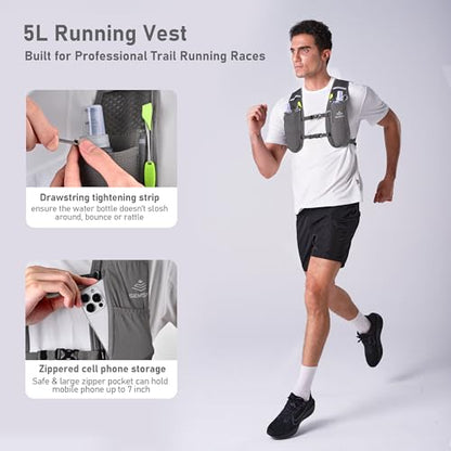 Running Vest for Women Men, 5L Hydration Vest with Dual 500ml Soft Flask, Lightweight Water Backpack, Adjustable Chest Straps Running Hydration Backpack for Running Cycling Hiking - color: Grey