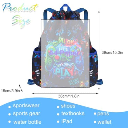 RHCPFOVR Drawstring Backpack for Kids - Game Bags for Girls Gym Dance Beach Swim Travel Bag With Two Water Bottle Holder - color: Dinosaur