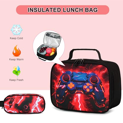 3PCS School Backpack for Boys, Cool Gamer Boys Backpack with Lunch Box and Pencil Case for Kids Kindergarten Teens Elementary Middle School Bag with Convenient Charging Port,Gaming Bookbag Waterproof - color: Red Lightning