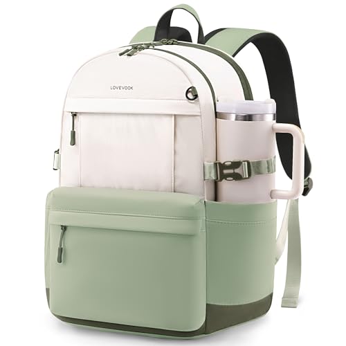 LOVEVOOK Laptop Backpack for Women with Giant Tumbler Holder,17.3 Inch Laptop Computer Bag Travel Backpack Purse,Waterproof Work Business Backpack College Bookbag Teacher Bags,Beige-Mint Green - color: Beige-mint Green-dark Green, size: 17.3 Inch
