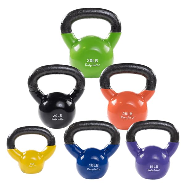Body-Solid Vinyl Coated Kettlebells with Kettle Grip Handles, Perfect Kettlebells for Weight Training and Core Workout Exercise Equipments - style: 5-30lbs. Set with Rack