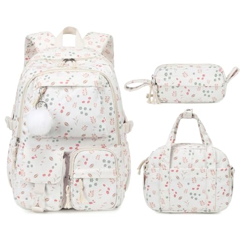 Backpack for Girls, 3PCS Corduroy Girls Schoolbag Set with Lunch Bag & Pencil Pouch, Lightweight Teen Girl Backpacks for Elementary Middle High School Bookbag Laptop Bag Travel Daypack - color: Khaki Plant