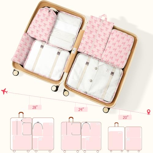 9 Set Packing Cubes for Travel Essentials - Lightweight Carry-On Luggage Organizer Bags with Shoe, Clothes & Laundry Bags for Airplane, Family & Business Travel, Pink bow - color: Pink bow