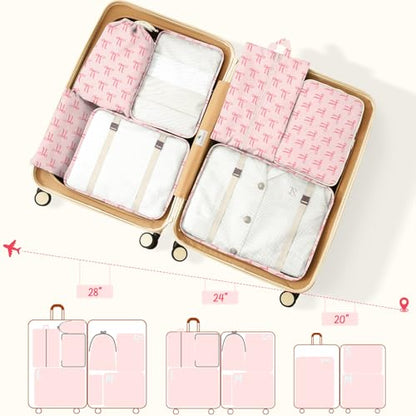 9 Set Packing Cubes for Travel Essentials - Lightweight Carry-On Luggage Organizer Bags with Shoe, Clothes & Laundry Bags for Airplane, Family & Business Travel, Pink bow - color: Pink bow