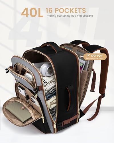 LOVEVOOK Travel Essentials Carry on Backpack 40L Travels Backpack for Women,Waterproof TSA Personal Item Travels Bag Airline Flight Approved,Large Carry on Luggage Laptop Backpack with Packing Cubes - color: Black - Gray - Chestnut Brown, size: Large-40L-