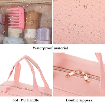Travel Hanging Toiletry Bag for Women Foldable Makeup Bag with Jewelry Organizer Compartment, PVC Waterproof Cosmetic Travel Bag for Business Camping Bathroom Pink Toiletry Organizer(Pink)