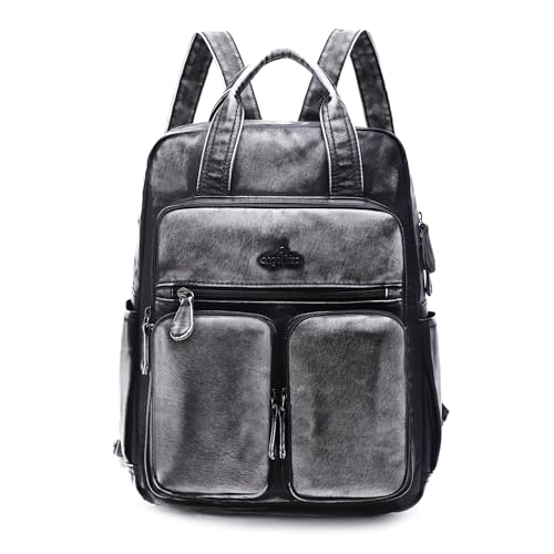 Angel Kiss Backpack Purse for Women Soft Washed Leather Multi Pocket Casual Travel Backpacks… - color: Retro-black