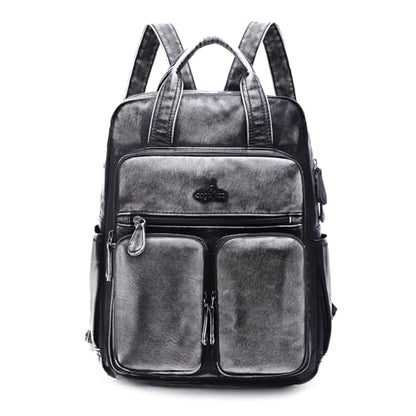 Angel Kiss Backpack Purse for Women Soft Washed Leather Multi Pocket Casual Travel Backpacks… - color: Retro-black